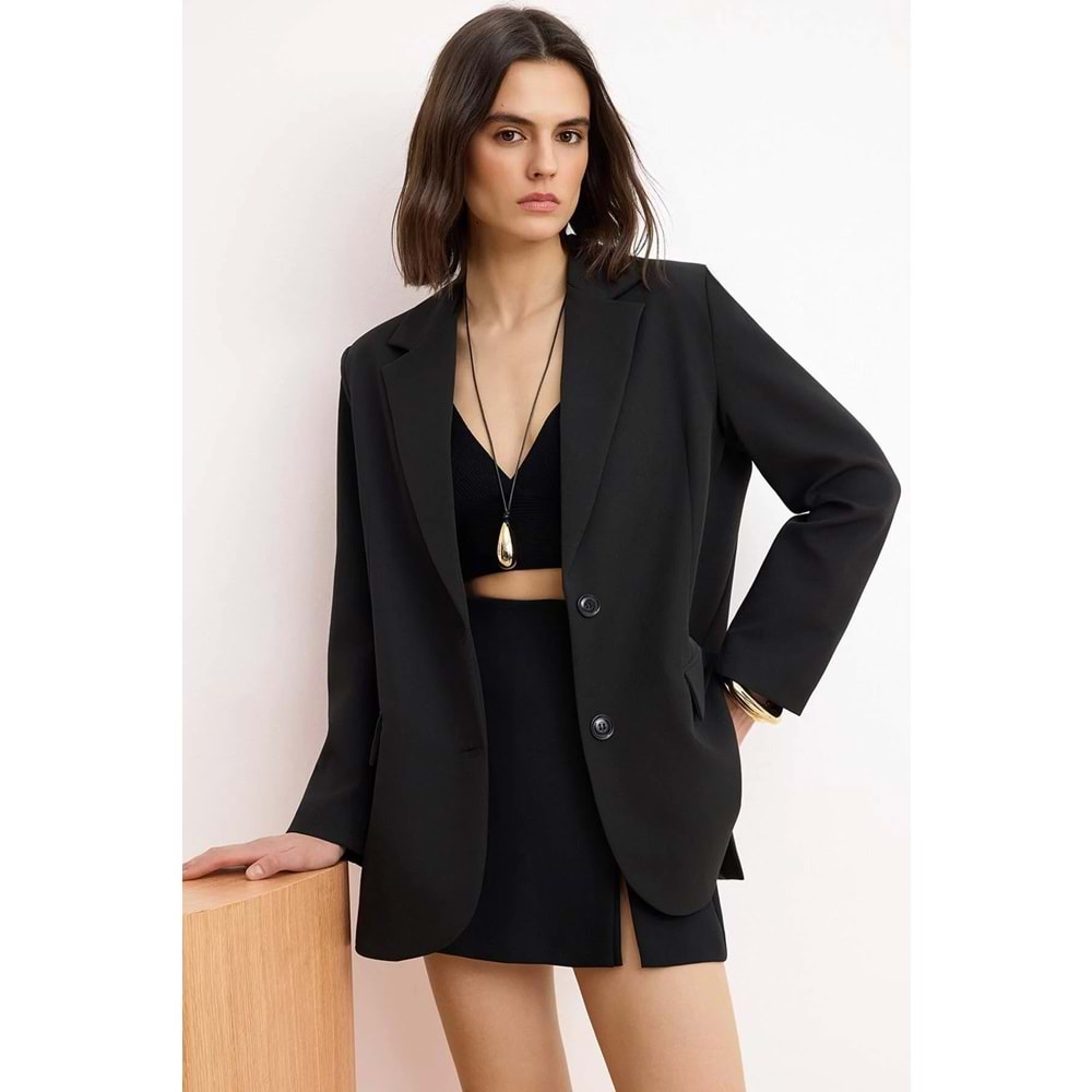 Siyah Dokuma Oversize Blazer Ceket