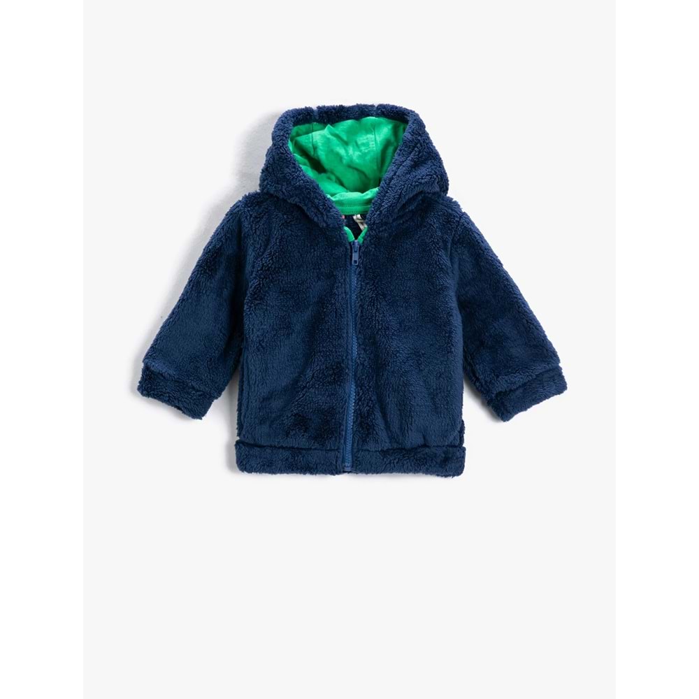 Erkek Bebek Basic Peluş Hırka Fermuarlı Kapüşonlu