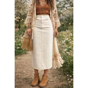 Ekru Yüksek Bel Bilek Boy Denim Etek