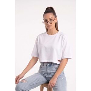 Kadın Ekru Pamuklu Nefes Alan Kumaş Bisiklet Yaka Oversize Basic Crop T-shirt