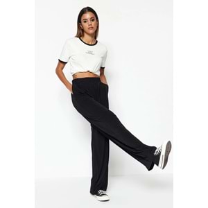 Trendyolmilla Siyah Wide Leg/Rahat Kesim Yüksek Bel Esnek Örme Pantolon