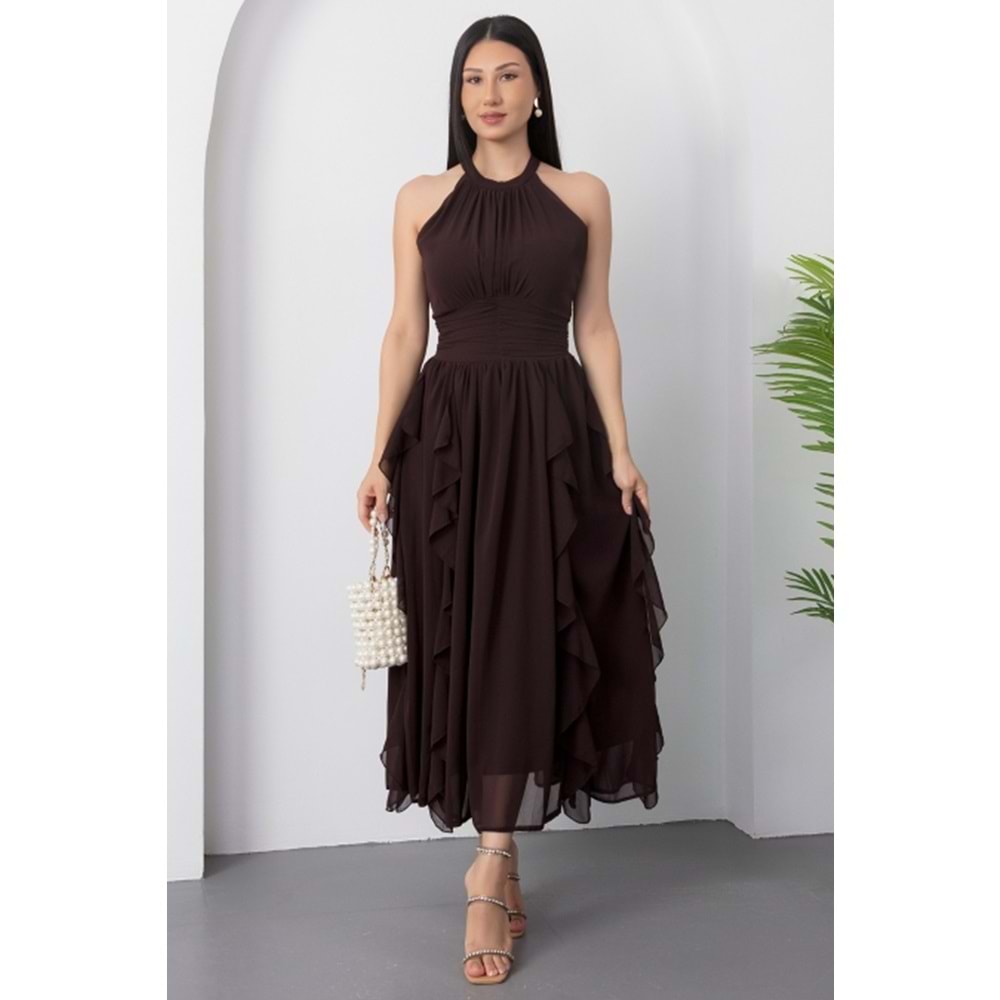 Halter Yaka Fırfırlı Şifon Elbise