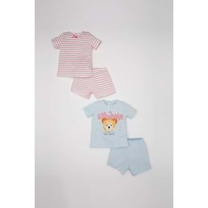 DEFACTO Kız Bebek 4'lü Pijama Takımı Baskılı Kısa Kollu Penye Üst Şort