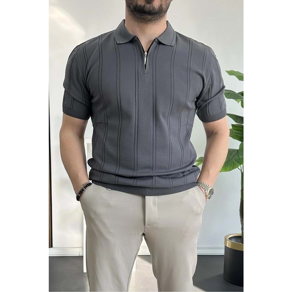 Erkek Polo Yaka Fermuarlı Desenli Tişört Füme